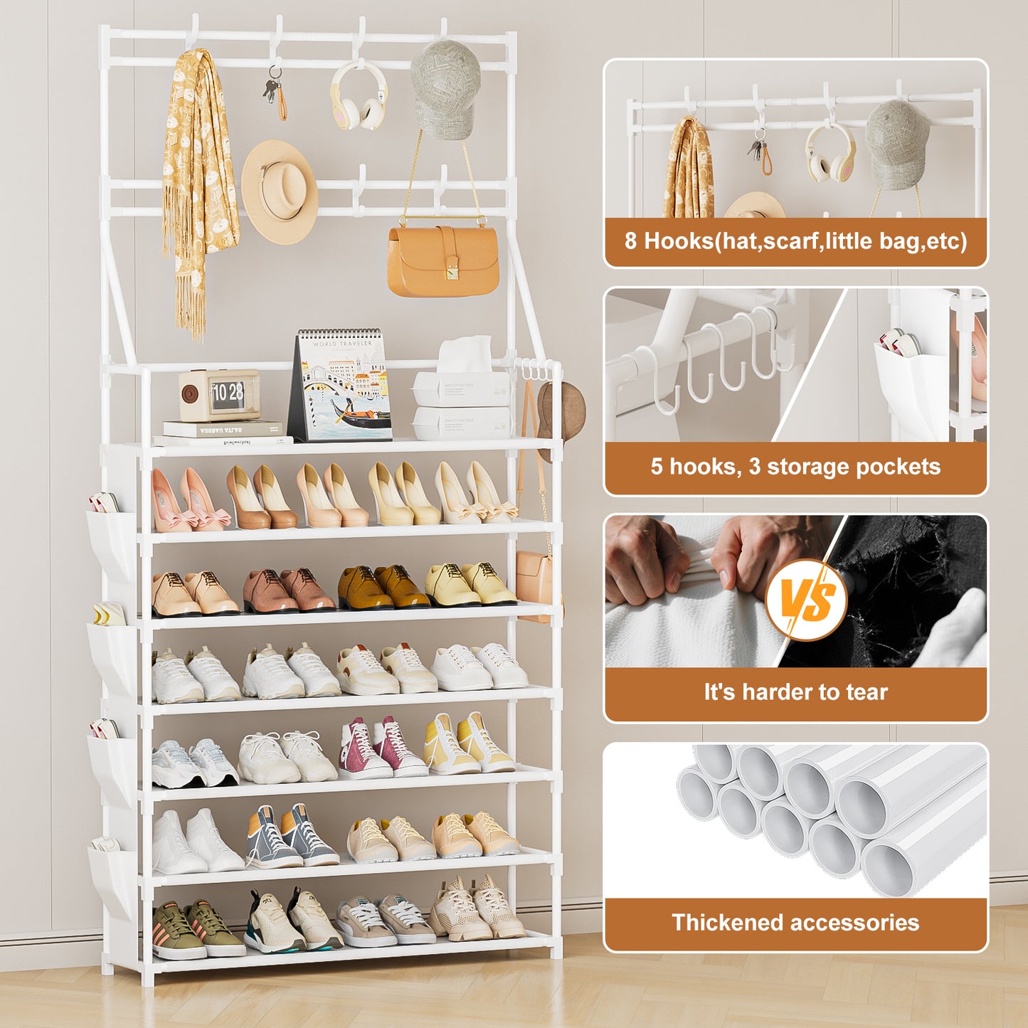OYREL Shoe Rack 7 Tier Sturdy Shoe Racks for Closet Shoes Organizer for 28-35 Pairs Large Capacity Shoe Storage Rack with Multifunctional 5 Hooks and Side Pocket for Entrance Entryway