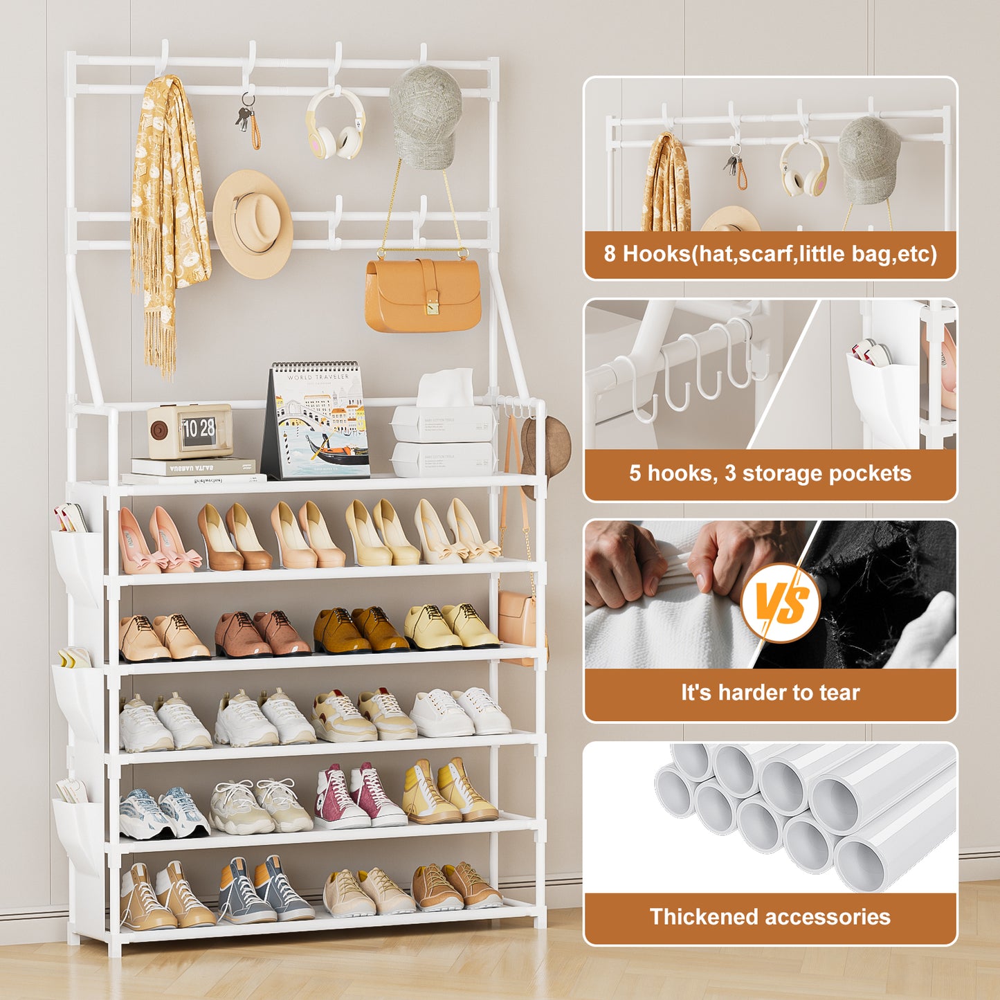 OYREL Shoe Rack 6 Tier Shoes Organizer 24-30 Pairs Shoe Racks for Closet Front Door Entrance Large Capacity Space Saving Shoe Storage Organizer with Multifunctional 5 Hooks and Side Pocket