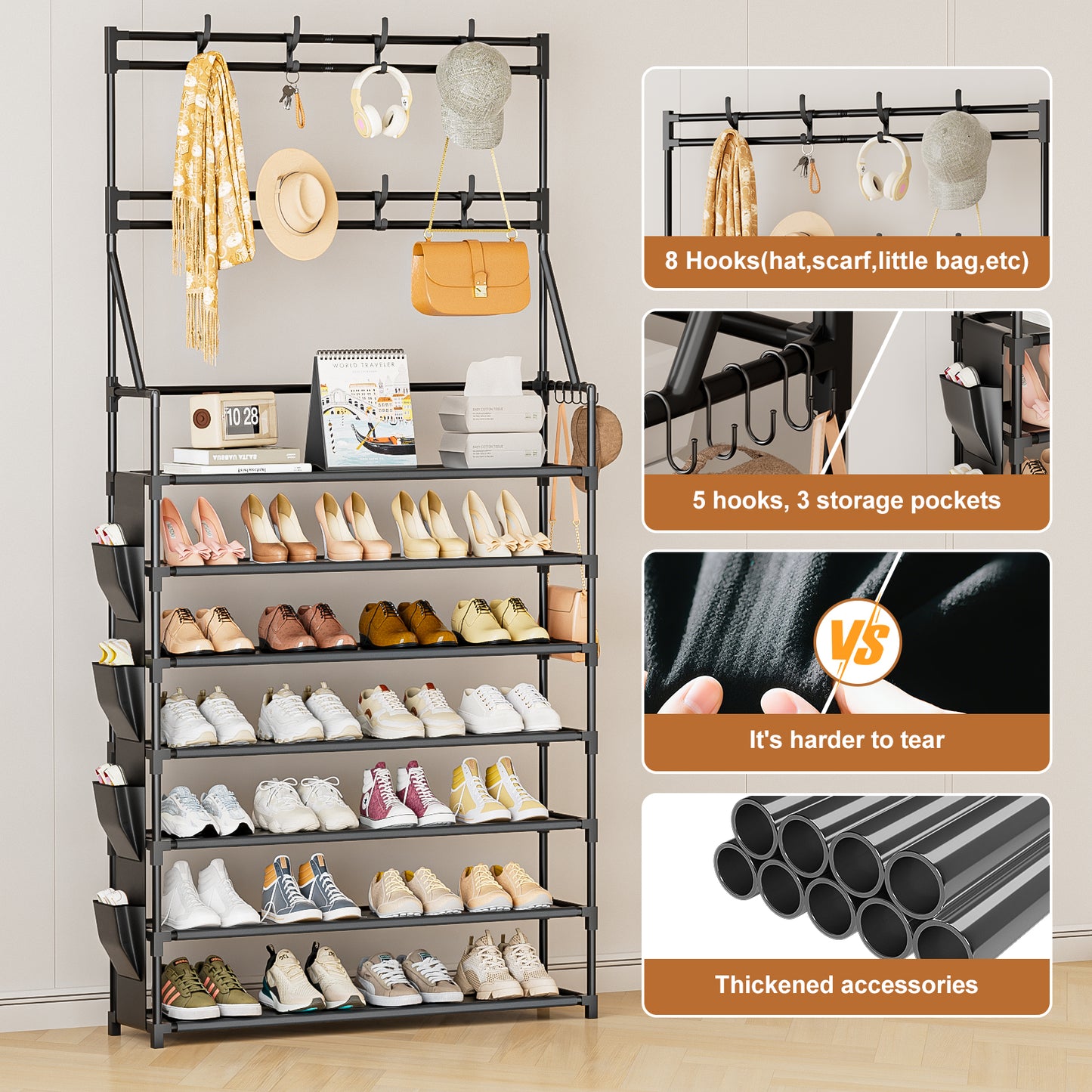 OYREL 7 Tier Shoe Rack with 8 Hooks, for 28-35 Pairs Shoes, Space Saving Shoe Storage Organizer with Side Pocket for Closet Entryway Hallway Bedroom Black