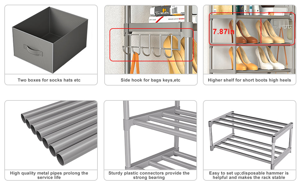 OYREL Shoe Rack, Sturdy Metal Shoes Rack Organizer,Narrow Shoe Rack,Shoe Racks for Closets,Shoes Rack,Shoe Stand,Shoe Shelf (10 Tier with 2 Boxes and 1 Hook)