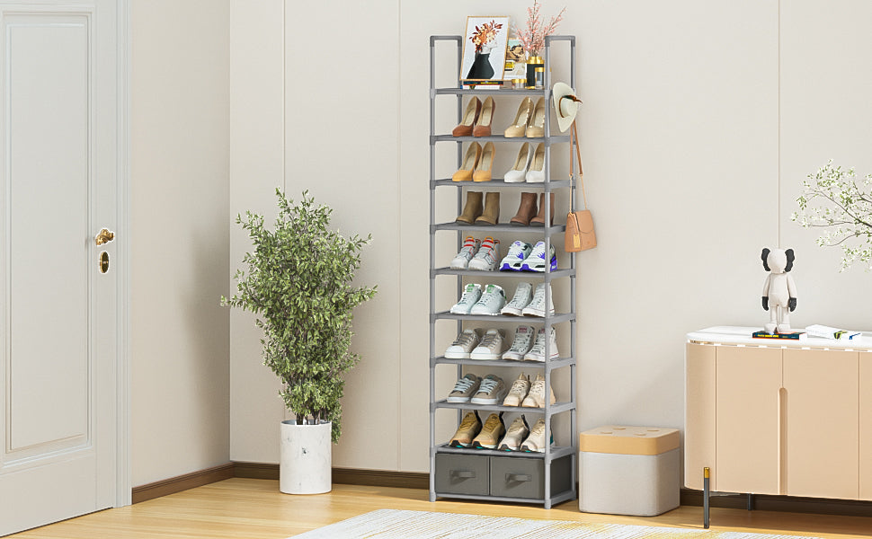 OYREL Shoe Rack, Sturdy Metal Shoes Rack Organizer,Narrow Shoe Rack,Shoe Racks for Closets,Shoes Rack,Shoe Stand,Shoe Shelf (10 Tier with 2 Boxes and 1 Hook)
