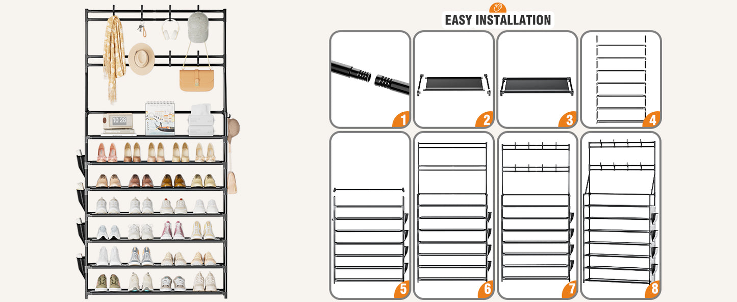 OYREL Shoe Rack 7 Tier Sturdy Shoe Racks for Closet Shoes Organizer for 28-35 Pairs Large Capacity Shoe Storage Rack with Multifunctional 5 Hooks and Side Pocket for Entrance Entryway