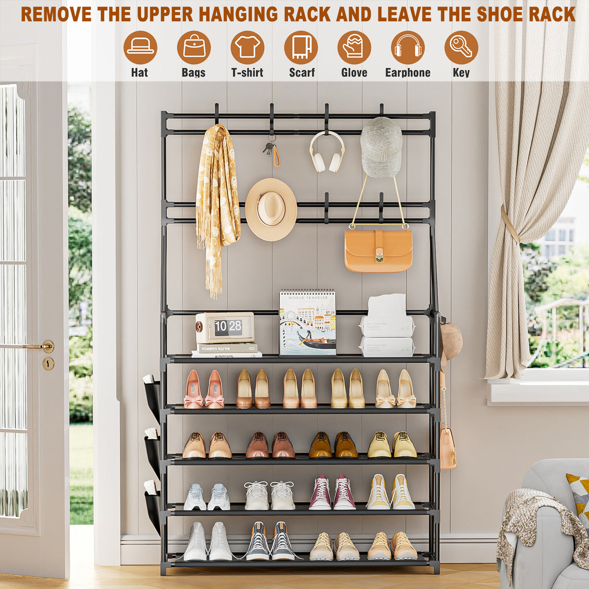 OYREL Shoe Rack 5 Tier Shoe Racks Organizer 20-25 Pairs Shoes Rack for Closet Entrance Shoe Storage Organizer with Hooks and Side Pocket Entryway Shoe Holder Space Saving Free Standing Shoe Racks