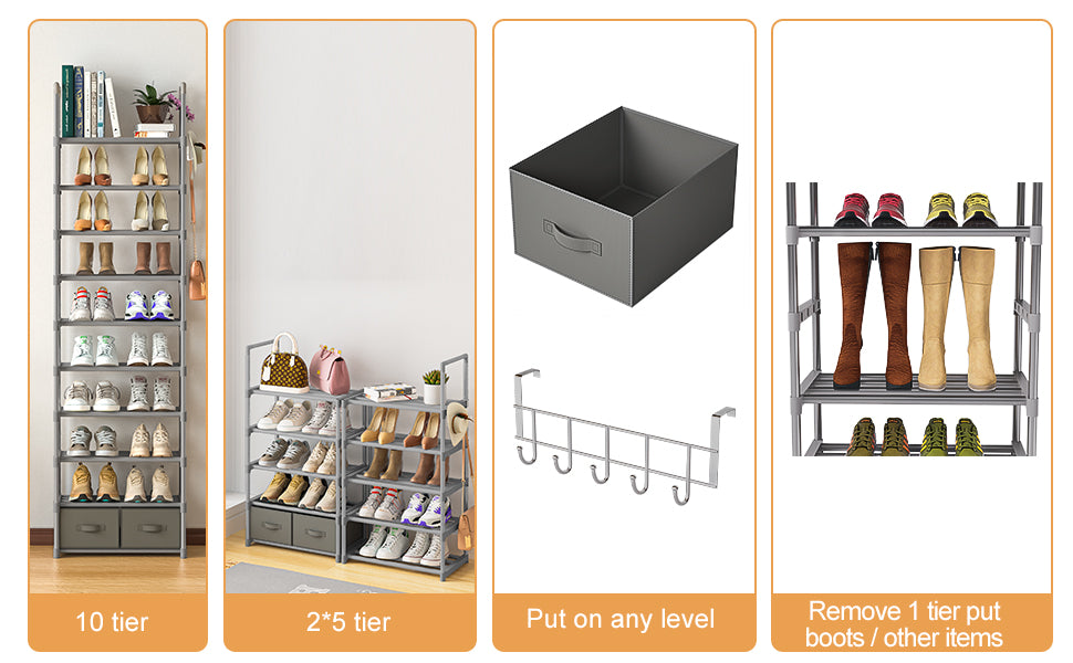 OYREL Shoe Rack, Sturdy Metal Shoes Rack Organizer,Narrow Shoe Rack,Shoe Racks for Closets,Shoes Rack,Shoe Stand,Shoe Shelf (10 Tier with 2 Boxes and 1 Hook)