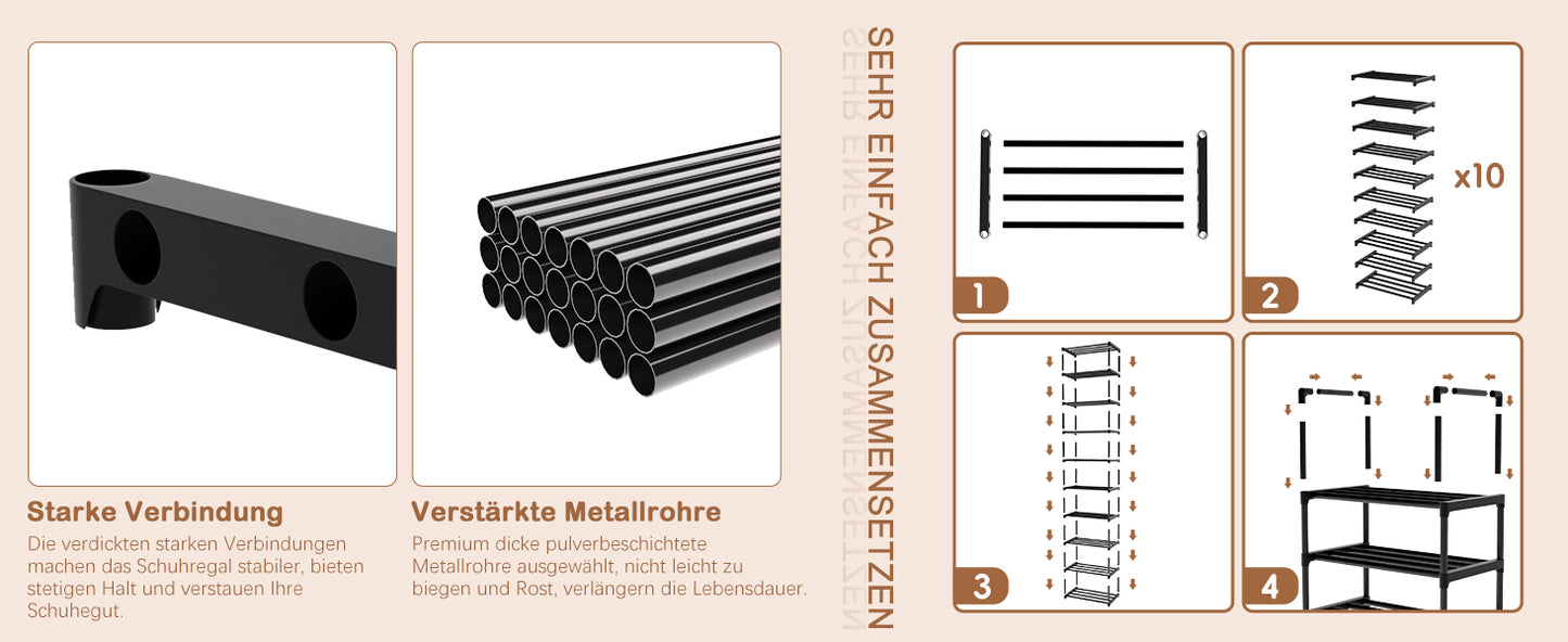 OYREL Schuhregal mit 10 Ebenen aus Metall, schmal und hoch schwarz | Schuhständer für 10-20 Paar Schuhe, Schuhschrank 45 cm breit platzsparend für Flur, Wohnzimmer und Eingang