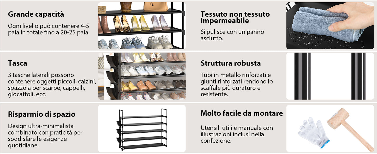 OYREL Scarpiera a 5 livelli, organizer per scarpe, 20-25 paia, scarpiera per armadio, scarpiera, organizer per ingresso, scarpiera salvaspazio