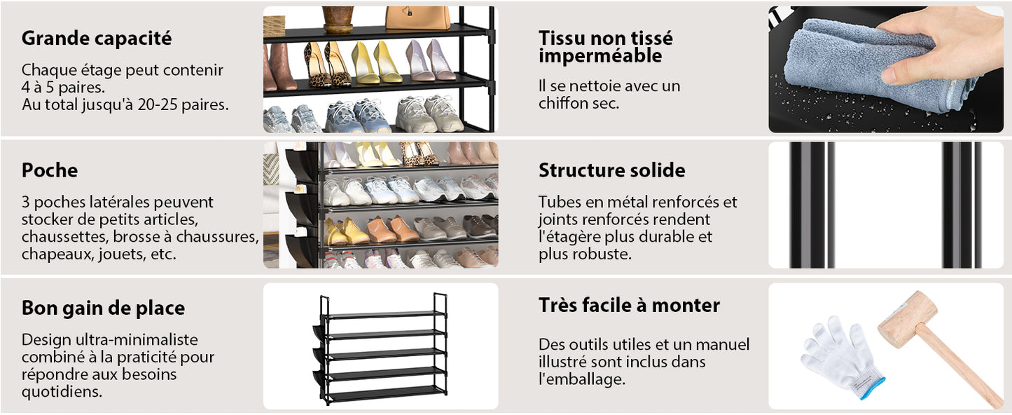 OYREL Étagère à Chaussures à 5 Niveaux Rangement de Chaussures - 20 à 25 Paires - Étagère à Chaussures pour Armoire Organiseur d'entrée - Support à Chaussures Peu encombrant