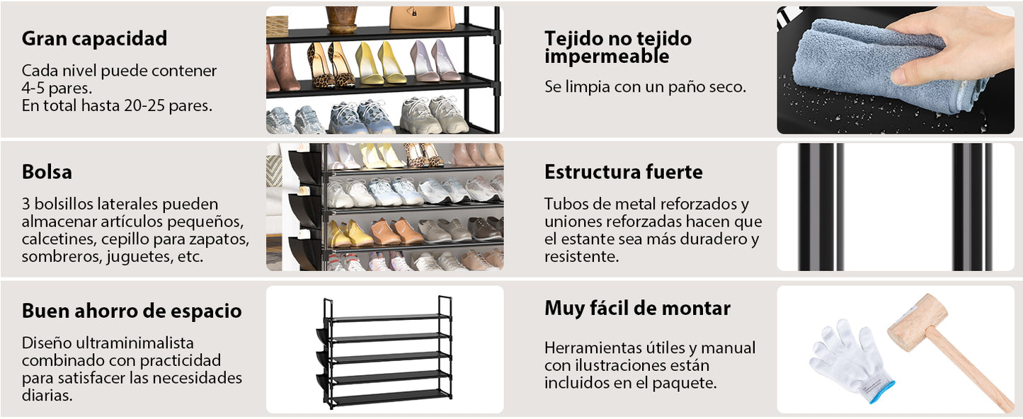 OYREL Zapatero de 5 Niveles, Organizador de Zapatos, 20 – 25 Pares, Zapatero para Armario, Organizador de Entrada, Zapatero, Ahorro de Espacio, Zapatero Grande
