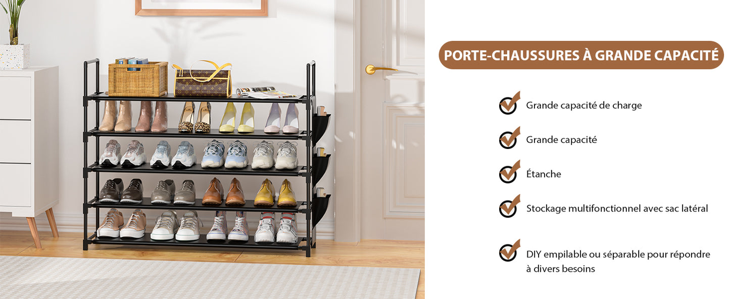 OYREL Étagère à Chaussures à 5 Niveaux Rangement de Chaussures - 20 à 25 Paires - Étagère à Chaussures pour Armoire Organiseur d'entrée - Support à Chaussures Peu encombrant