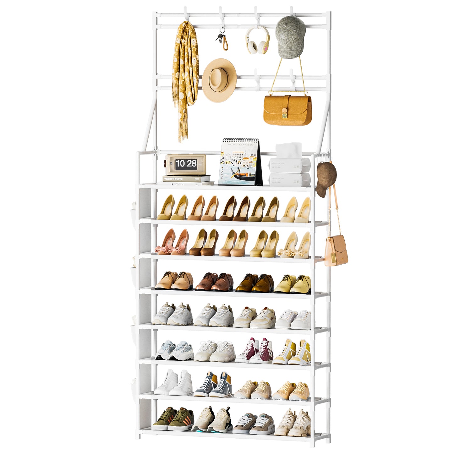 OYREL Shoe Rack 8 Tier Large Shoe Organizer Storage 32-40 Pairs Metal Shoe Storage Rack with Hooks and Side Pocket for Entrance Entryway Closet Shoe Shelf Holder