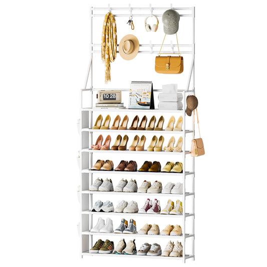 OYREL Shoe Rack 8 Tier Large Shoe Organizer Storage 32-40 Pairs Metal Shoe Storage Rack with Hooks and Side Pocket for Entrance Entryway Closet Shoe Shelf Holder