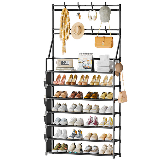 OYREL 7 Tier Shoe Rack with 8 Hooks, for 28-35 Pairs Shoes, Space Saving Shoe Storage Organizer with Side Pocket for Closet Entryway Hallway Bedroom Black