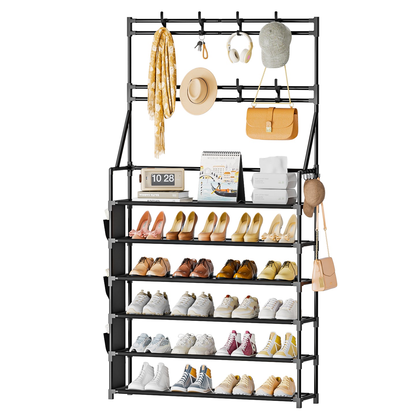 OYREL Shoe Rack 6 Tier Shoes Organizer 24-30 Pairs Shoe Racks for Closet Front Door Entrance Large Capacity Space Saving Shoe Storage Organizer with Multifunctional 5 Hooks and Side Pocket