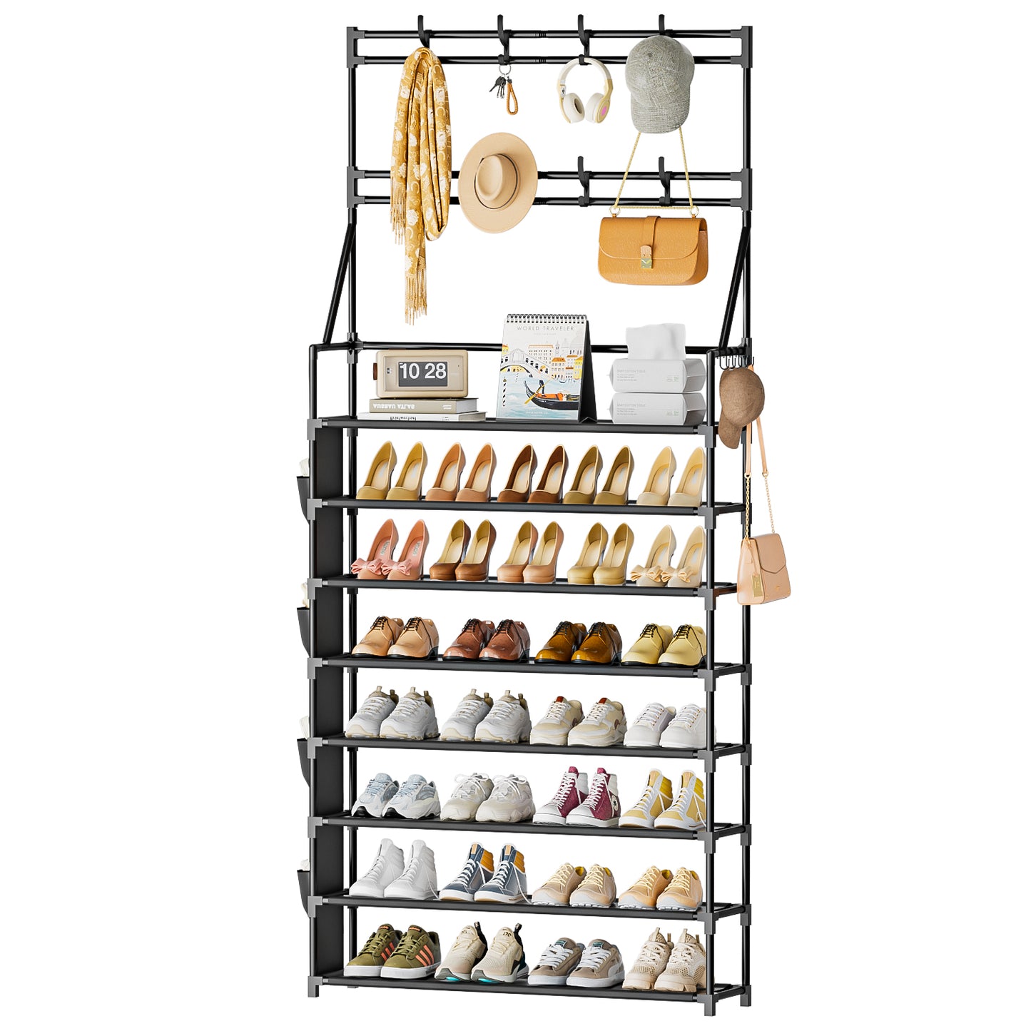 OYREL Shoe Rack 8 Tier Large Shoe Organizer Storage 32-40 Pairs Metal Shoe Storage Rack with Hooks and Side Pocket for Entrance Entryway Closet Shoe Shelf Holder