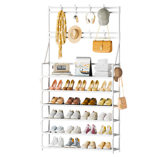 OYREL Shoe Rack 6 Tier Shoes Organizer 24-30 Pairs Shoe Racks for Closet Front Door Entrance Large Capacity Space Saving Shoe Storage Organizer with Multifunctional 5 Hooks and Side Pocket