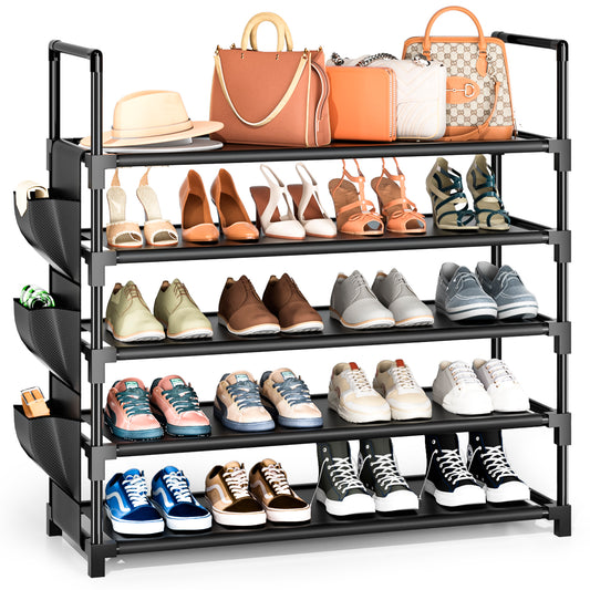 OYREL Schuhregal 5 Ebenen, Große Kapazität Shoe Rack Schuhablage mit Seitentasche für 20-25 Paar Schuhe, Stark Schuhaufbewahrung für Schrank, Flur, Closet, Draußen, 85cm Breit Shoe Storage Schwarz