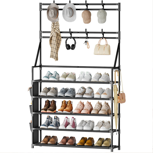 OYREL 5 Tier Shoe Rack with 8 Hooks, for 20-25 Pairs Shoes, Space Saving Shoe Storage Organizer with Side Pocket for Closet Entryway Hallway Bedroom Black