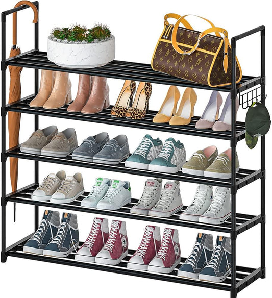 5-Tier Stackable Shoe Rack, Sturdy Shelf Storage for Bedroom, Entryway, Hallway, and Closet - Black