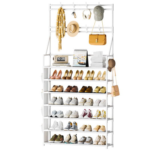 OYREL 7 Tier Shoe Rack with 8 Hooks, for 28-35 Pairs Shoes, Space Saving Shoe Storage Organizer with Side Pocket for Closet Entryway Hallway Bedroom White