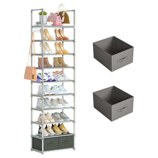 OYREL Sturdy Metal Narrow Shoe Rack Organizer for Closets,Shoe Stand,Shoe Shelf (10 Tier with 2 Boxes and 1 Hook)