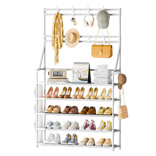 OYREL 5 Tier Shoe Rack with 8 Hooks, for 20-25 Pairs Shoes, Space Saving Shoe Storage Organizer with Side Pocket for Closet Entryway Hallway Bedroom White