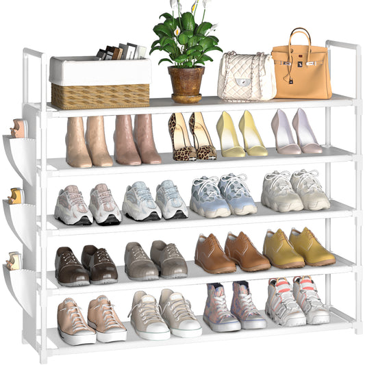 OYREL Shoe Rack 5 Tier 20-25 Pairs Shoes, Shoe Storage Organizer Large with Side Bag Space Saving for Closet, Entryway, Garage, Bedroom Non-Woven Shoe Rack Shelf White