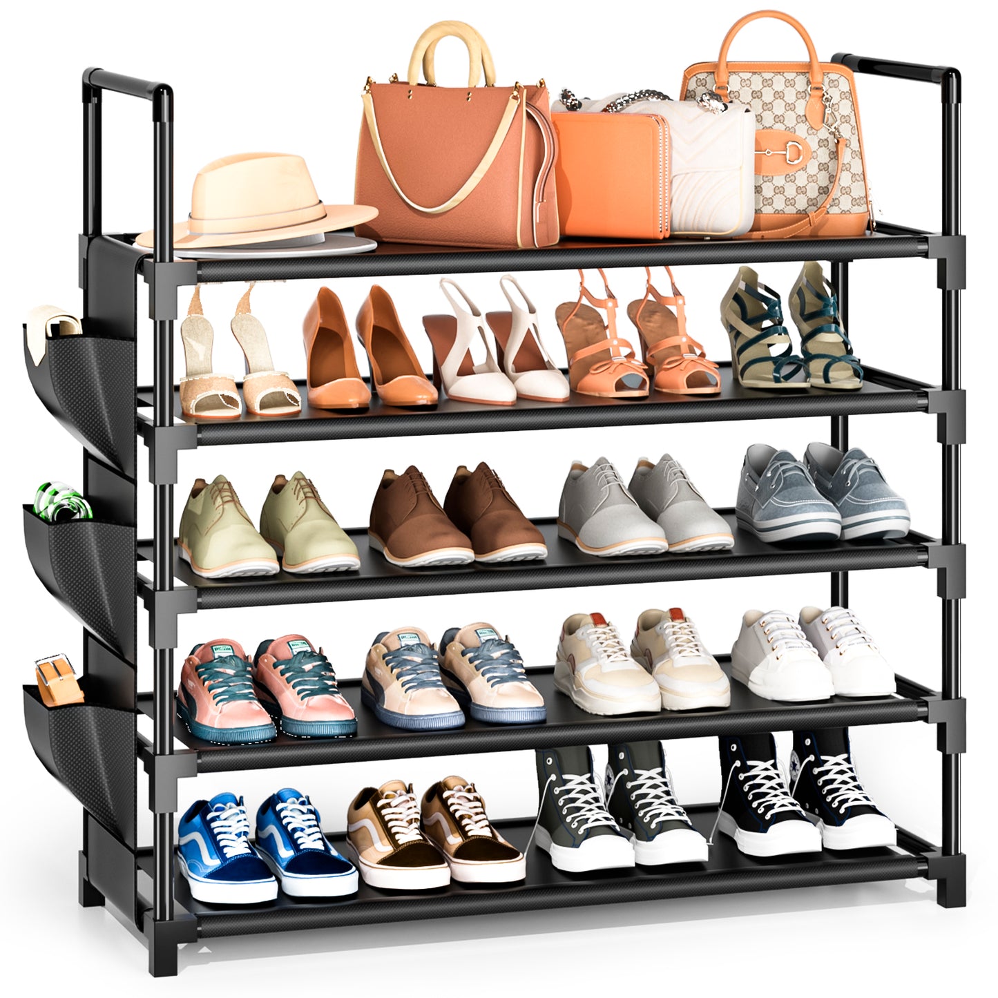 OYREL Shoe Rack 5 Tier 20-25 Pairs Shoes, Shoe Storage Organizer Large with Side Bag Space Saving for Closet, Entryway, Garage, Bedroom Non-Woven Shoe Rack Shelf Black