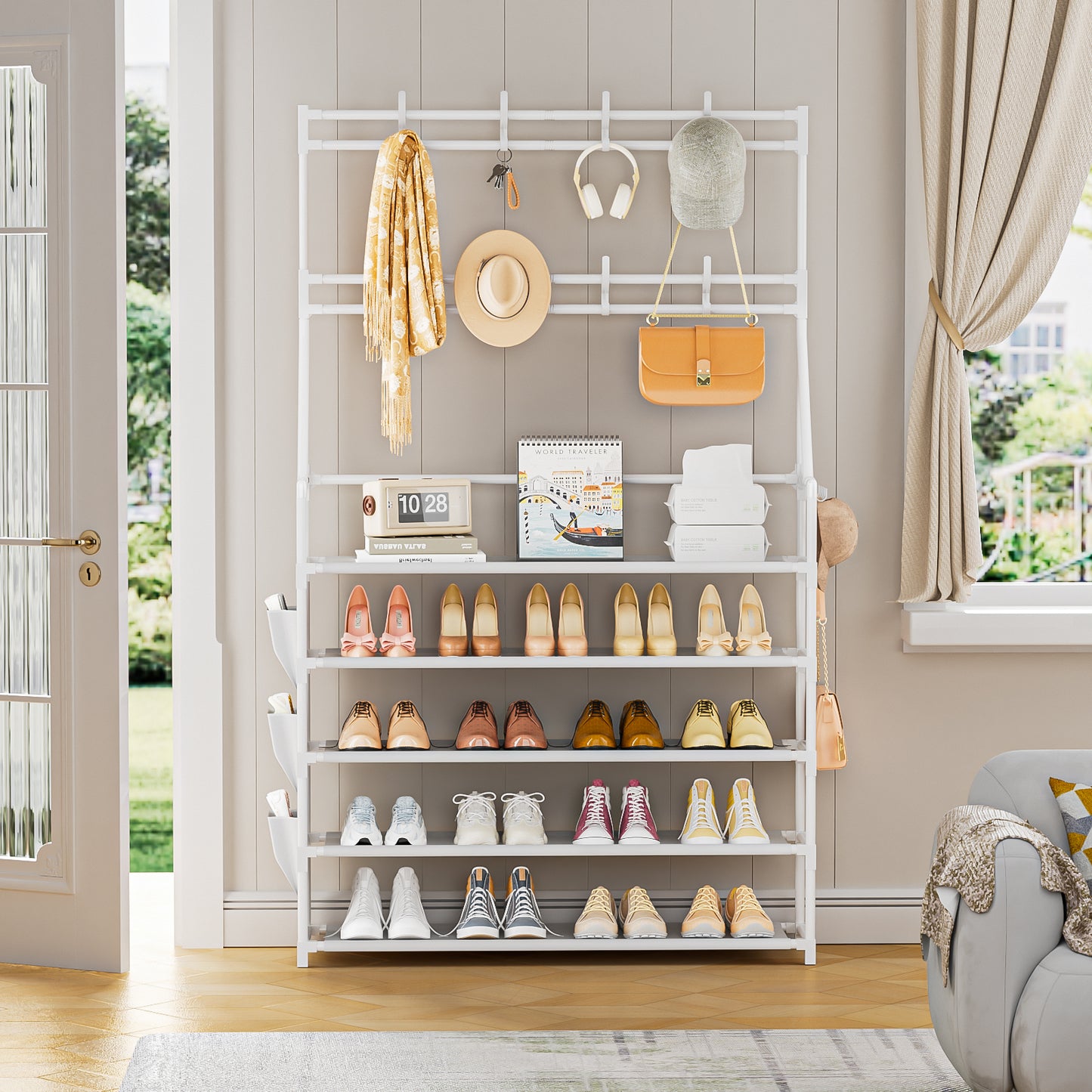 OYREL Shoe Rack 5 Tier Shoe Racks Organizer 20-25 Pairs Shoes Rack for Closet Entrance Shoe Storage Shelf with Hooks and Side Pocket Entryway Shoe Holder Space Saving Free Standing Shoe Racks