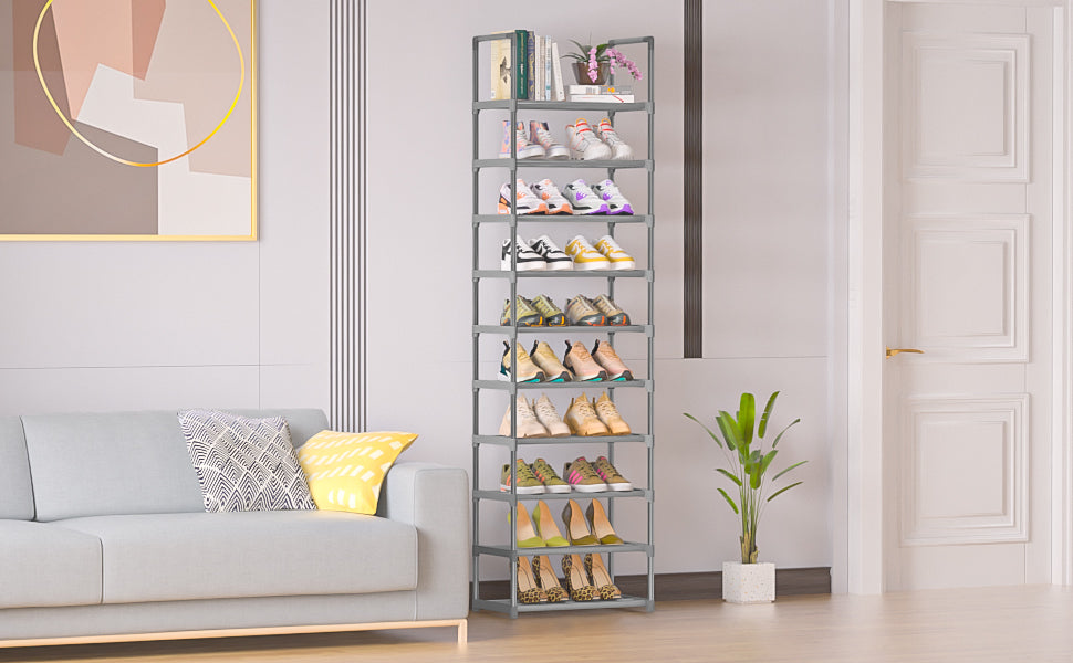 OYREL 10-Tier Metal Shoe Rack, Narrow Shoe Rack Organizer, Sturdy Shoe Shelf for Closets, Entryway, Bedroom, Garage - Silver