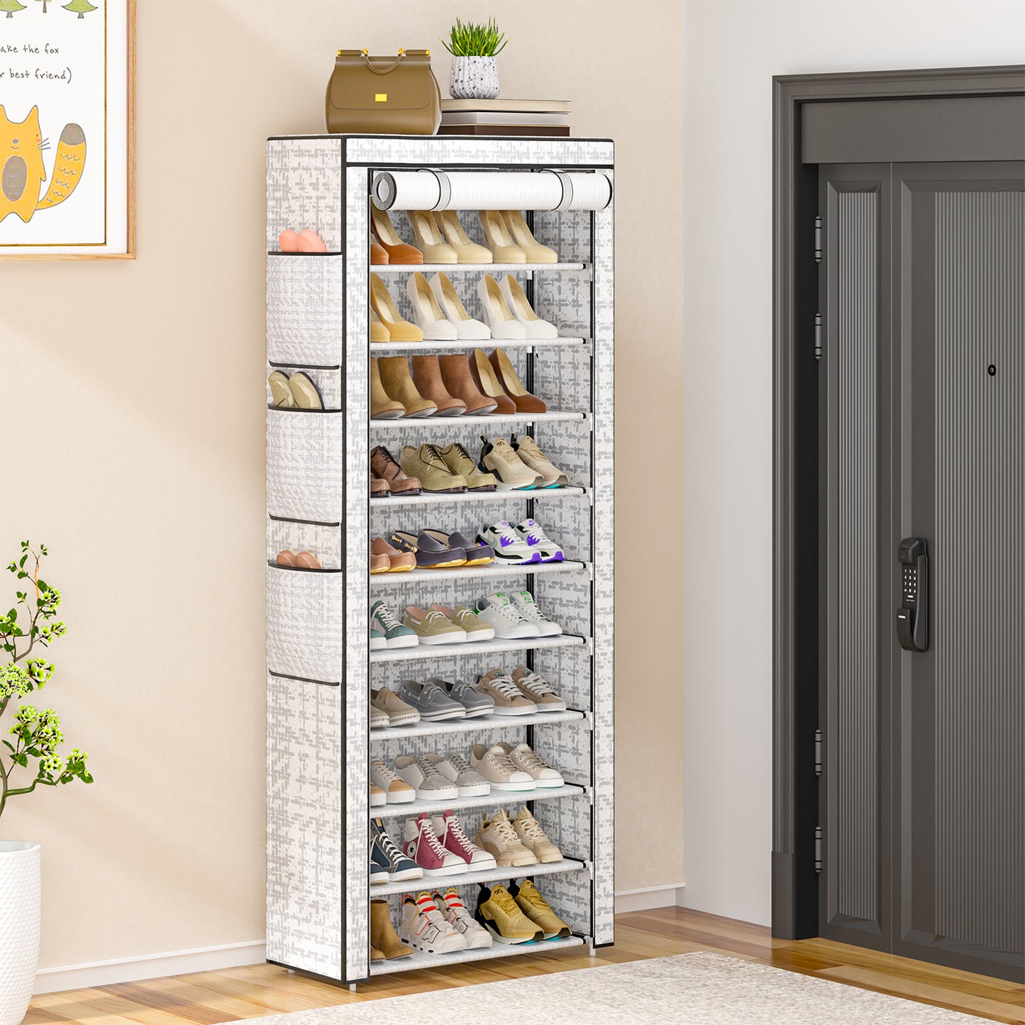OYREL Shoe Rack 10 Tier Tall 36-41Pairs with 6 Large Pockets Large Storage Capacity Dustproof Shoes Storage for Closet Entryway, Sturdy Black Shoe Organizer Stand Shelf with Cover