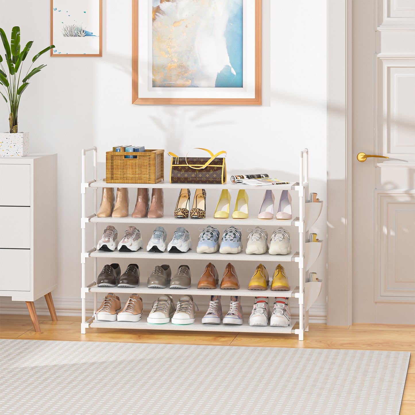 OYREL Shoe Rack 5 Tier 20-25 Pairs Shoes, Shoe Storage Organizer Large with Side Bag Space Saving for Closet, Entryway, Garage, Bedroom Non-Woven Shoe Rack Shelf White