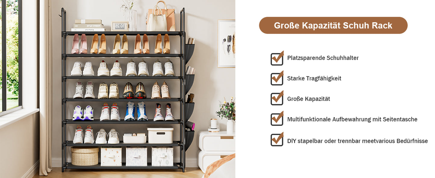 OYREL Schuhregal 7 Ebenen, Große Kapazität Shoe Rack Schuhablage mit Seitentasche für 28-35 Paar Schuhe, Stark Schuhaufbewahrung für Schrank, Flur, Closet, Draußen, 85cm Breit Shoe Storage Schwarz