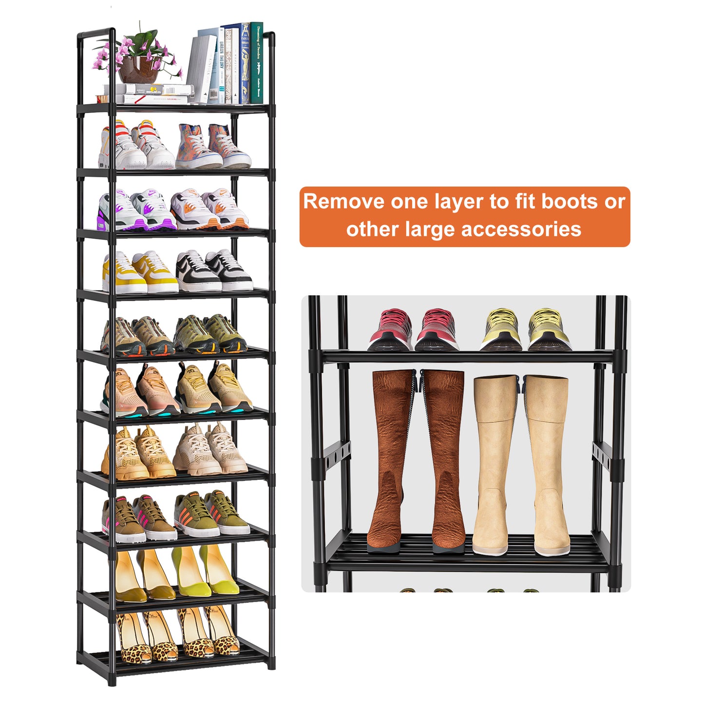 OYREL Shoe Rack, 10 Tier Sturdy Metal Shoe Storage Organizer, Space Saving Narrow Shelf for 10-20 Pairs, Tall Metal Frame Shoe Stand for Entryway, Closet, Garage, Black