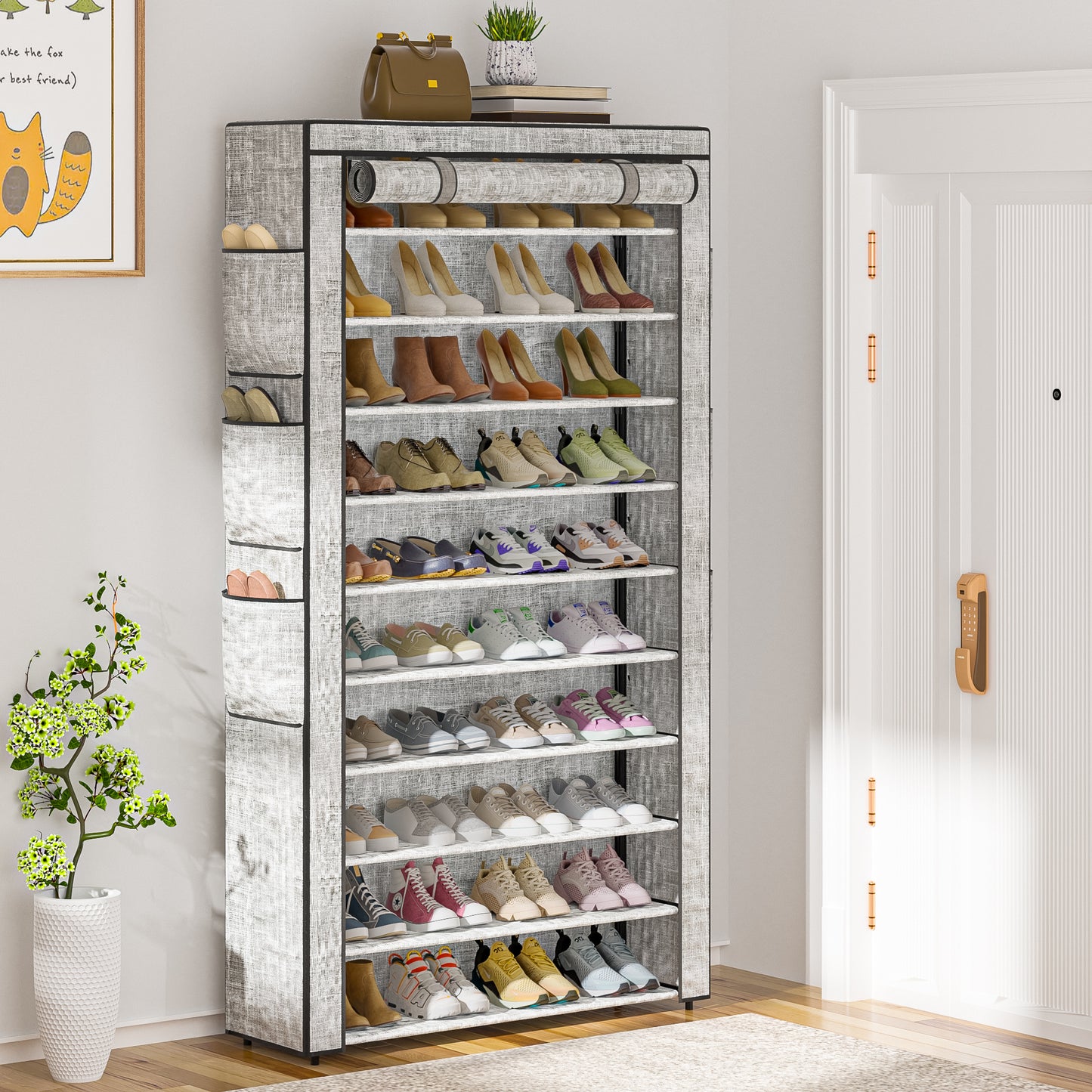 OYREL 10 Tier Shoe Rack Cabinet with Dustproof Cover, Large Capacity Shoe Stand Metal Frame, Shoe Racks Storage Space Saver for 50-56 Pairs Shoes, Shoe Shelves for Inside Wardrobe, Living Room,Hallway