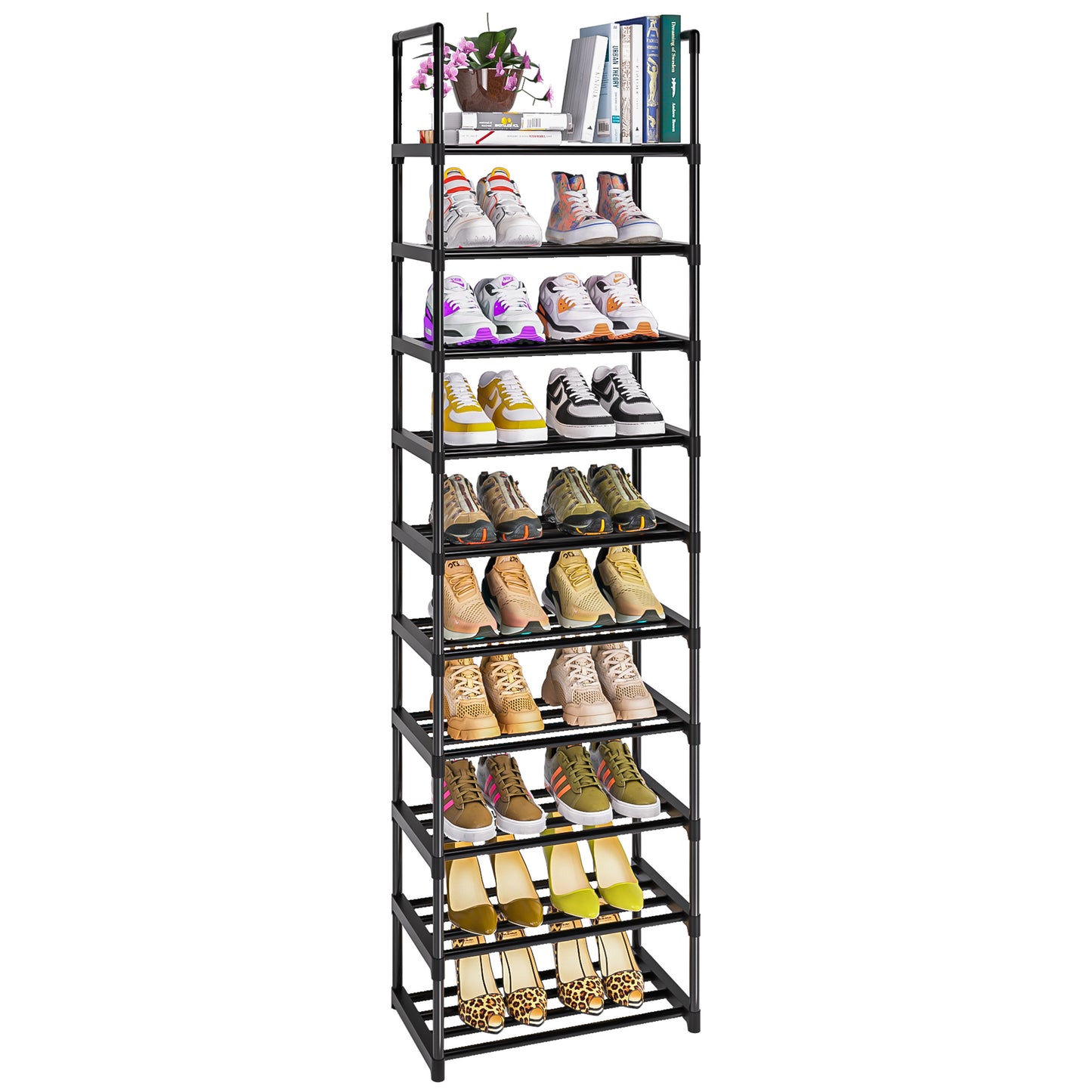 OYREL Shoe Rack, 10 Tier Sturdy Metal Shoe Storage Organizer, Space Saving Narrow Shelf for 10-20 Pairs, Tall Metal Frame Shoe Stand for Entryway, Closet, Garage, Black