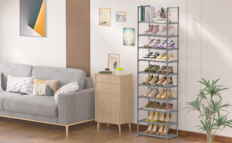 OYREL 10-Tier Metal Shoe Rack, Narrow Shoe Rack Organizer, Sturdy Shoe Shelf for Closets, Entryway, Bedroom, Garage - Silver