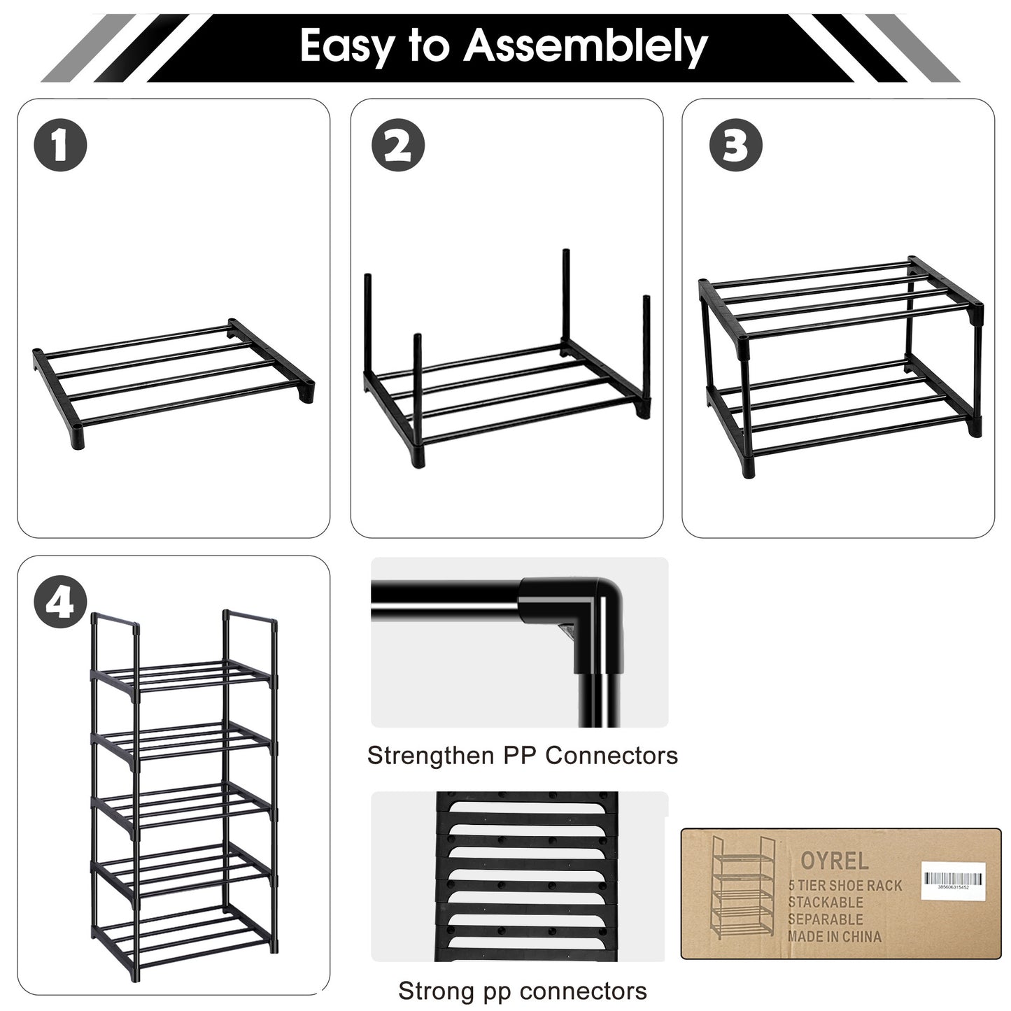 OYREL 5 Tier Shoe Rack, Metal Shoe Storage Organiser, Narrow Shoe Shelf for 10-12 Pairs, Space Saving Freestanding Shoes Stand for Hallway, Entryway, Wardrobe, Living Room, Bedroom Black