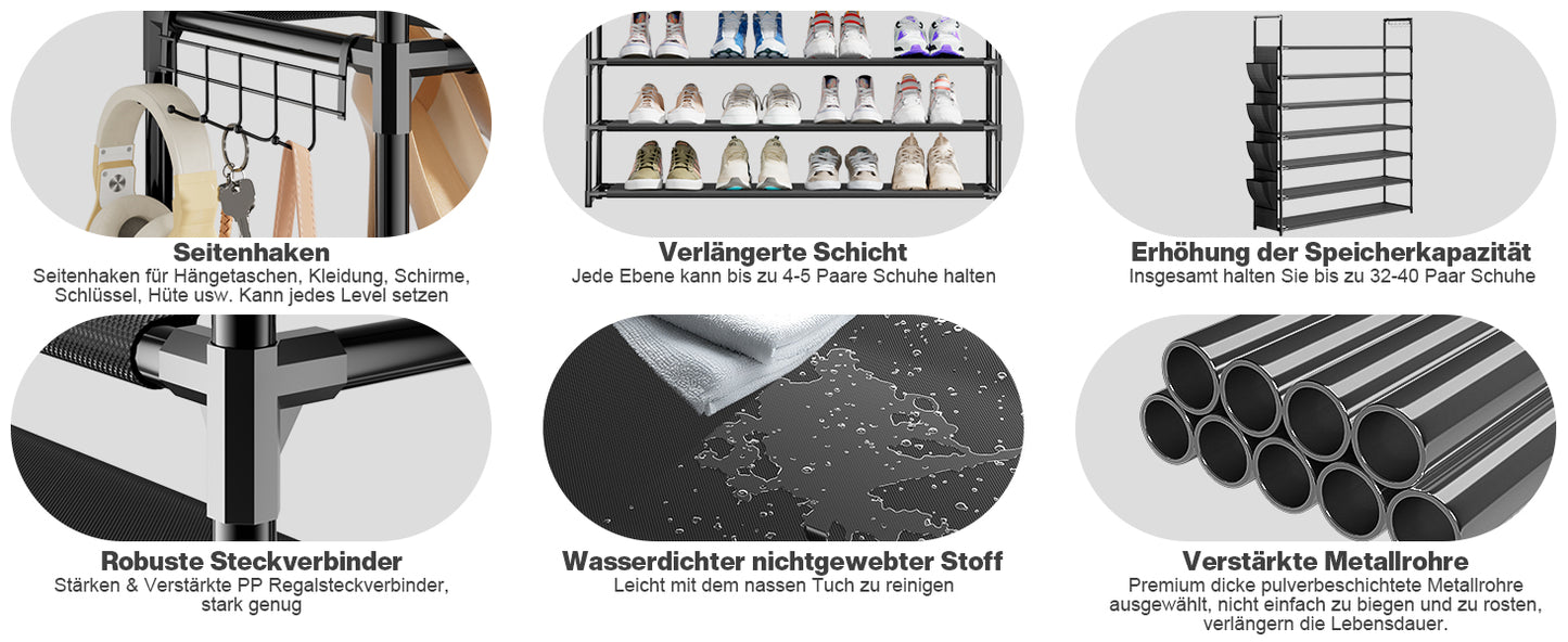 OYREL Schuhregal 7 Ebenen, Große Kapazität Shoe Rack Schuhablage mit Seitentasche für 28-35 Paar Schuhe, Stark Schuhaufbewahrung für Schrank, Flur, Closet, Draußen, 85cm Breit Shoe Storage Schwarz