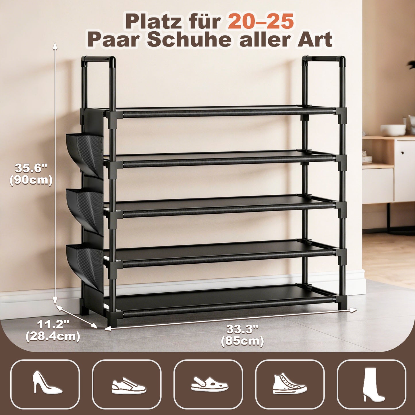 OYREL Schuhregal 5 Ebenen, Große Kapazität Shoe Rack Schuhablage mit Seitentasche für 20-25 Paar Schuhe, Stark Schuhaufbewahrung für Schrank, Flur, Closet, Draußen, 85cm Breit Shoe Storage Schwarz