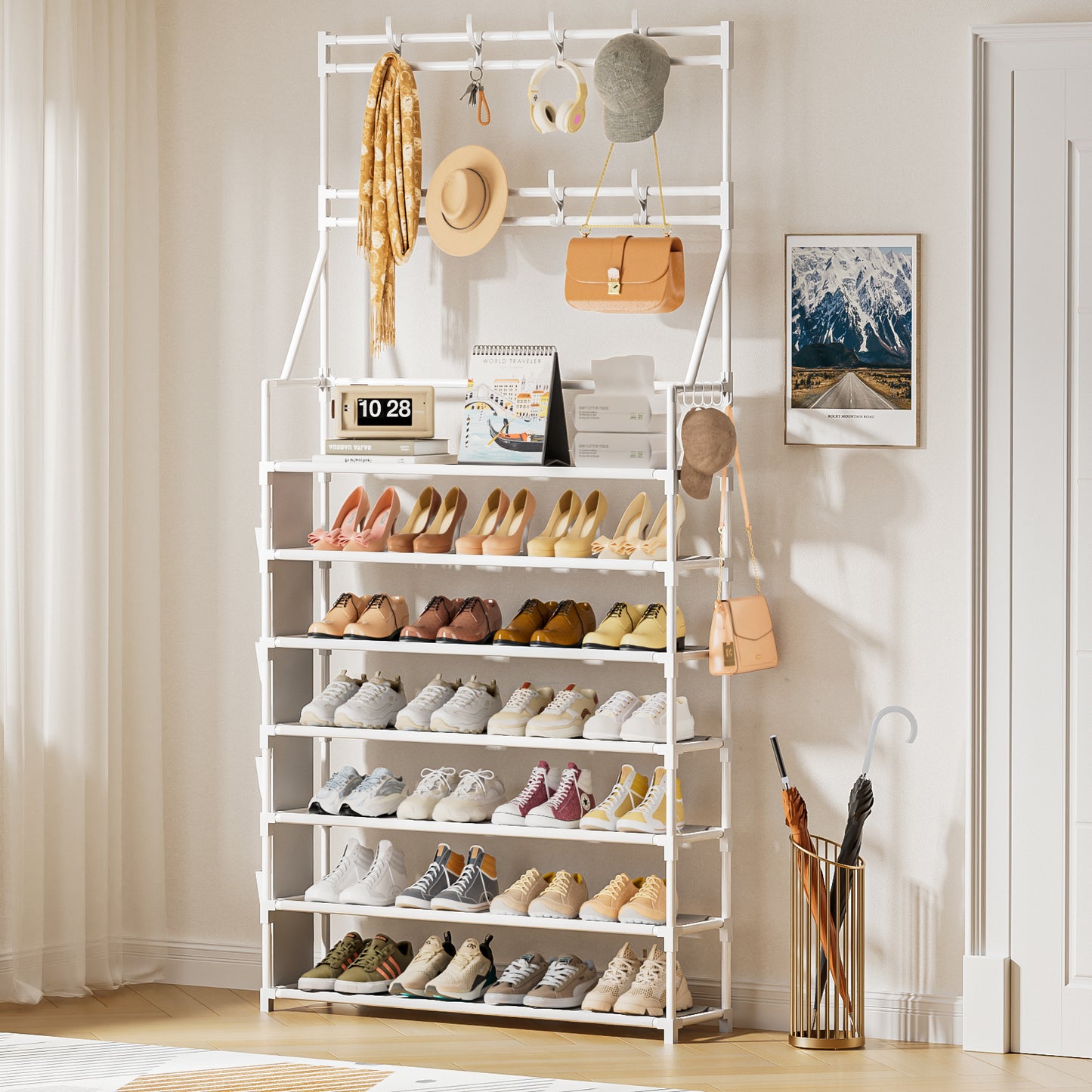 OYREL Shoe Rack 7 Tier Sturdy Shoe Racks for Closet Shoes Organizer for 28-35 Pairs Large Capacity Shoe Storage Rack with Multifunctional 5 Hooks and Side Pocket for Entrance Entryway