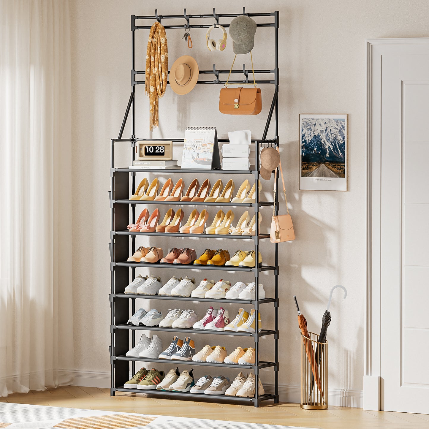 OYREL Shoe Rack 8 Tier Large Shoe Organizer Storage 32-40 Pairs Metal Shoe Storage Rack with Hooks and Side Pocket for Entrance Entryway Closet Shoe Shelf Holder