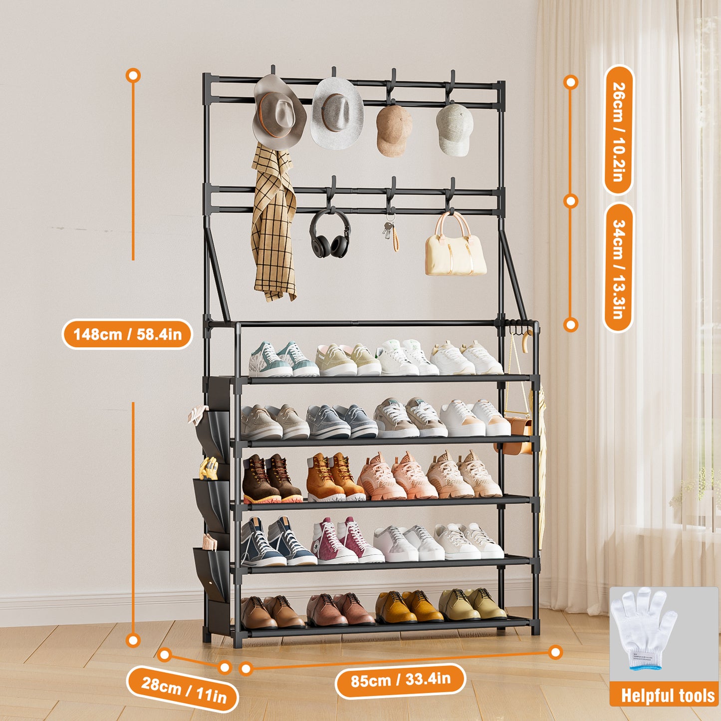 OYREL 5 Tier Shoe Rack with 8 Hooks, for 20-25 Pairs Shoes, Space Saving Shoe Storage Organizer with Side Pocket for Closet Entryway Hallway Bedroom Black