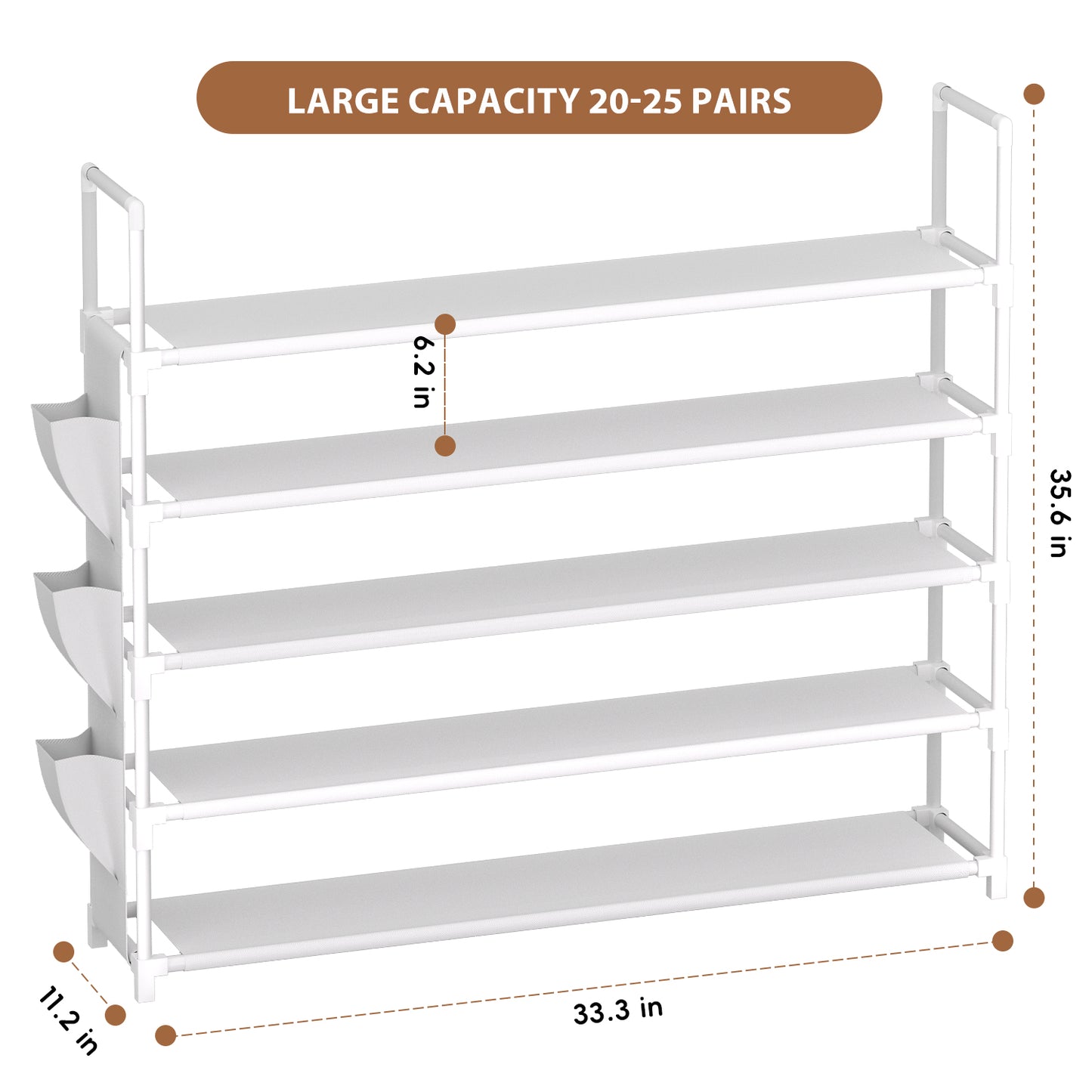 OYREL Shoe Rack 5 Tier 20-25 Pairs Shoes, Shoe Storage Organizer Large with Side Bag Space Saving for Closet, Entryway, Garage, Bedroom Non-Woven Shoe Rack Shelf White