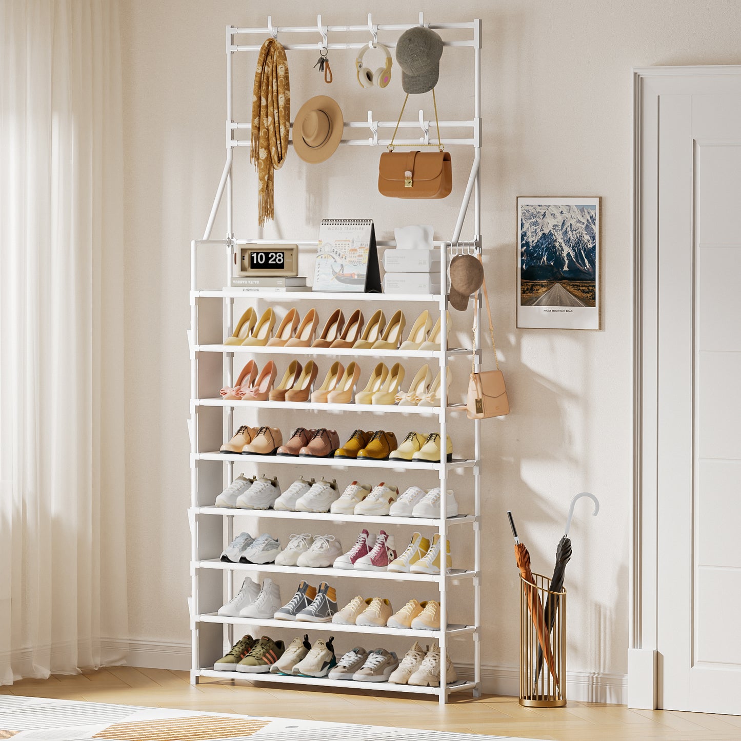 OYREL Shoe Rack 8 Tier Large Shoe Organizer Storage 32-40 Pairs Metal Shoe Storage Rack with Hooks and Side Pocket for Entrance Entryway Closet Shoe Shelf Holder