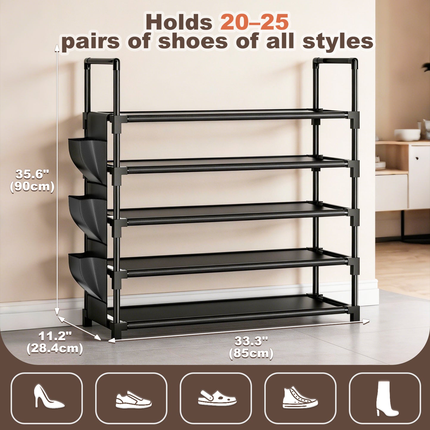 OYREL Shoe Rack 5 Tier 20-25 Pairs Shoes, Shoe Storage Organizer Large with Side Bag Space Saving for Closet, Entryway, Garage, Bedroom Non-Woven Shoe Rack Shelf Black