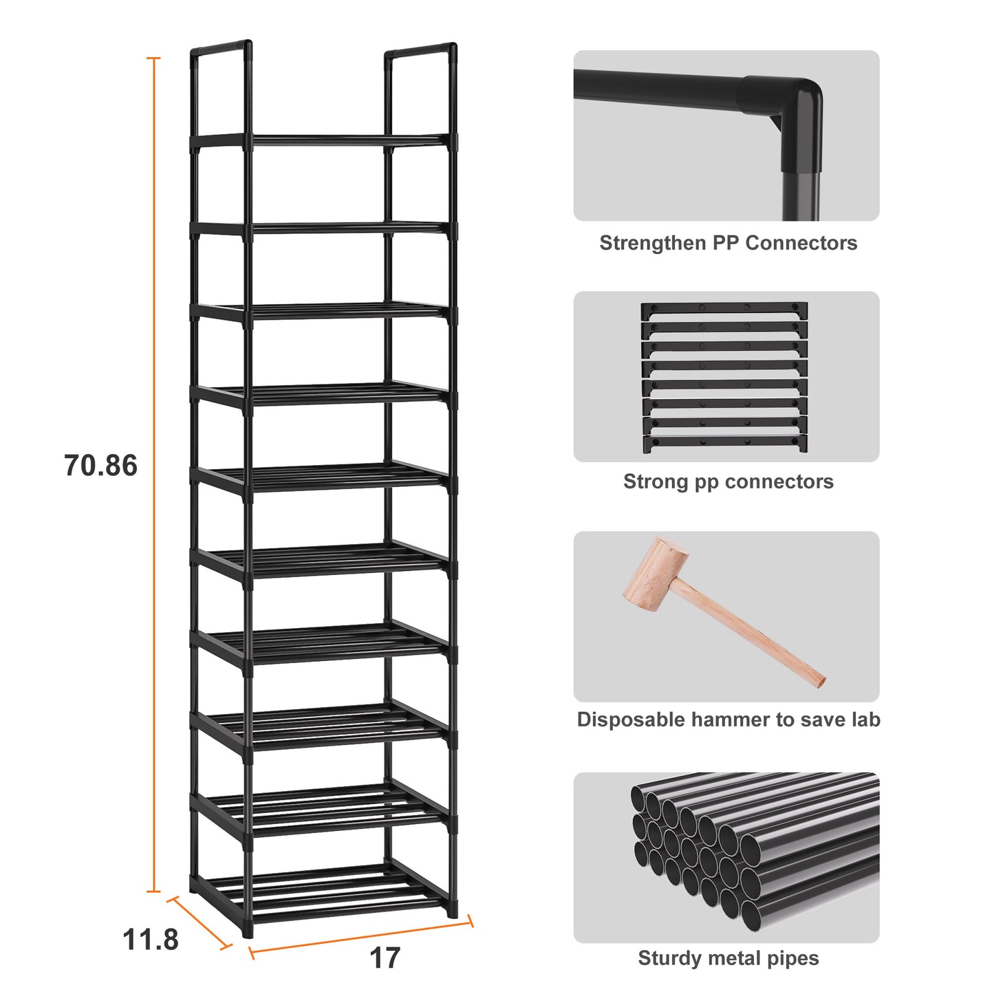 OYREL Shoe Rack, 10 Tier Sturdy Metal Shoe Storage Organizer, Space Saving Narrow Shelf for 10-20 Pairs, Tall Metal Frame Shoe Stand for Entryway, Closet, Garage, Black