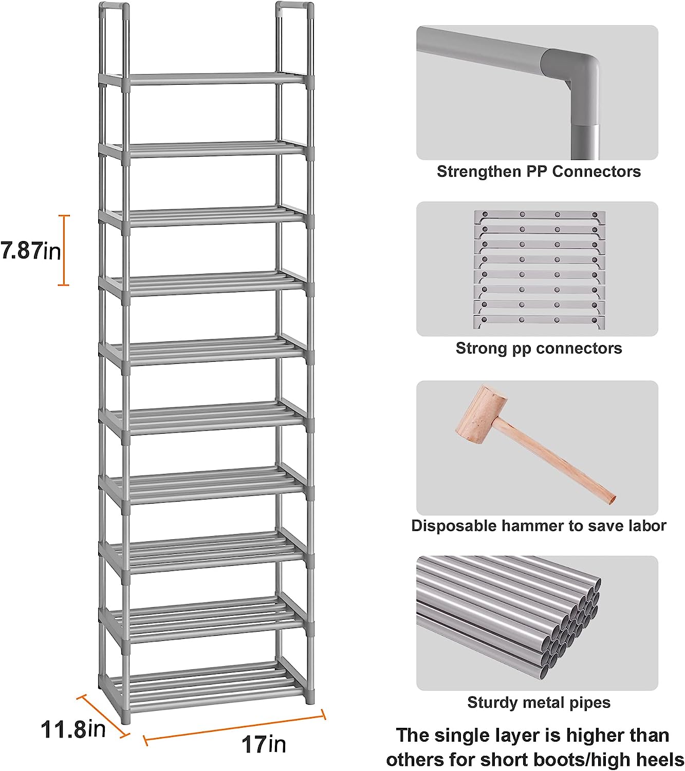 OYREL Tall Shoe Rack Narrow 10 Tier Shoes Rack 20 25 Pairs, Shoe Rack Organizer for Closet, Sturdy Metal Shoe Shelf, Durable Shoe Storage Stand Holder