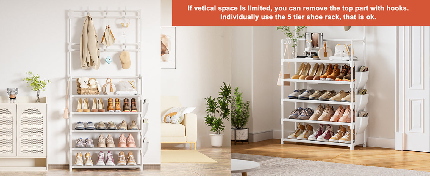 Shoe Rack 5 Tier Shoe Organizer Storage 15-20 Pairs Shoes Rack for Closet Entrance Shoe Rack Organizer with Hooks and Side Pocket Entryway Shoe Holder Space Saving Free Standing Shoe Racks