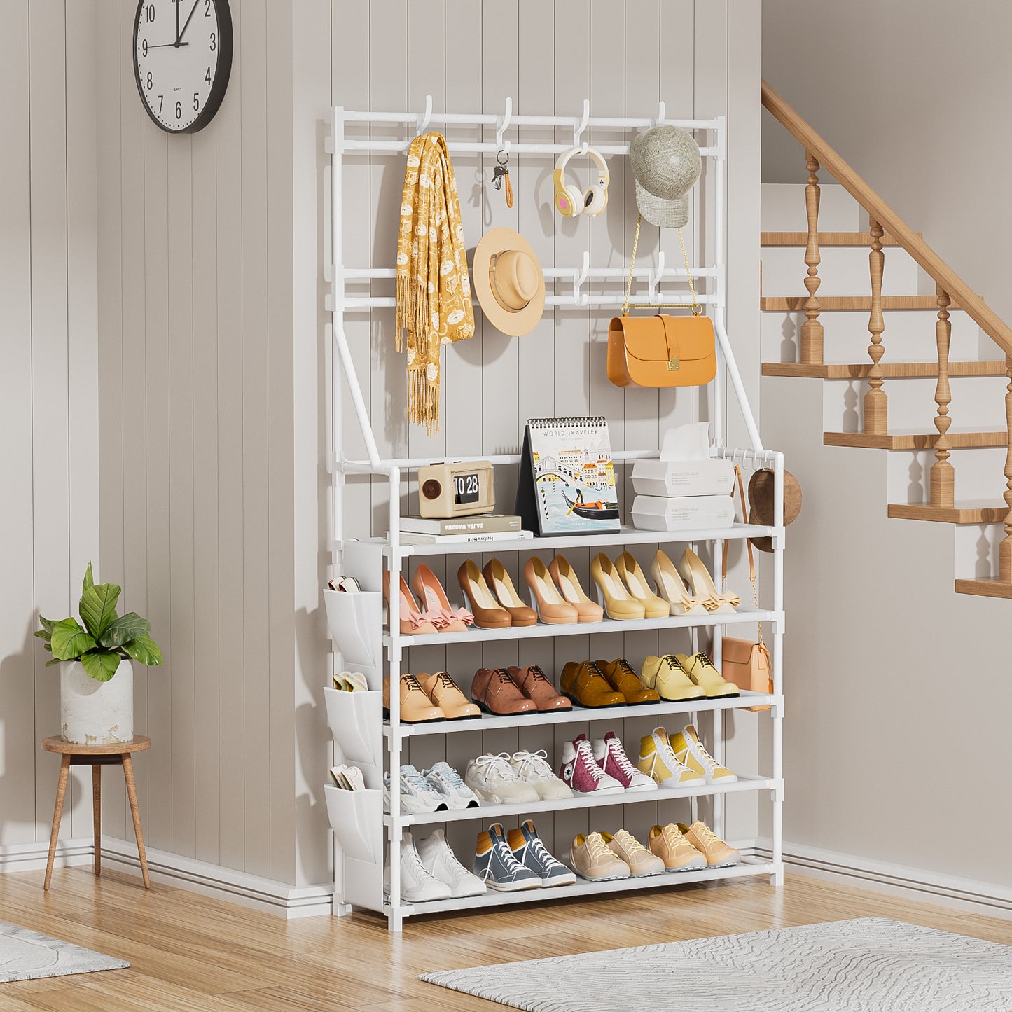 OYREL Shoe Rack 5 Tier Shoe Racks Organizer 20-25 Pairs Shoes Rack for Closet Entrance Shoe Storage Shelf with Hooks and Side Pocket Entryway Shoe Holder Space Saving Free Standing Shoe Racks