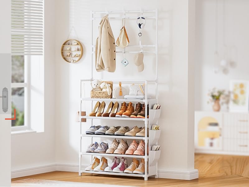 Shoe Rack 5 Tier Shoe Organizer Storage 15-20 Pairs Shoes Rack for Closet Entrance Shoe Rack Organizer with Hooks and Side Pocket Entryway Shoe Holder Space Saving Free Standing Shoe Racks